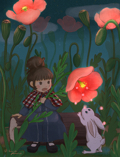 藍原はちのイラスト。夜に光る花と女の子の絵