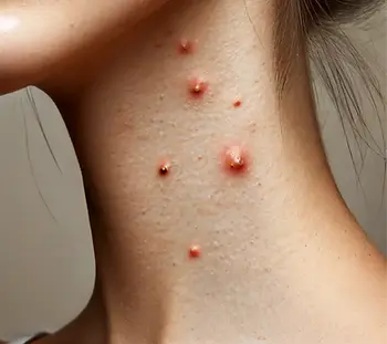 A close-up image of a person's neck showing acne lesions.