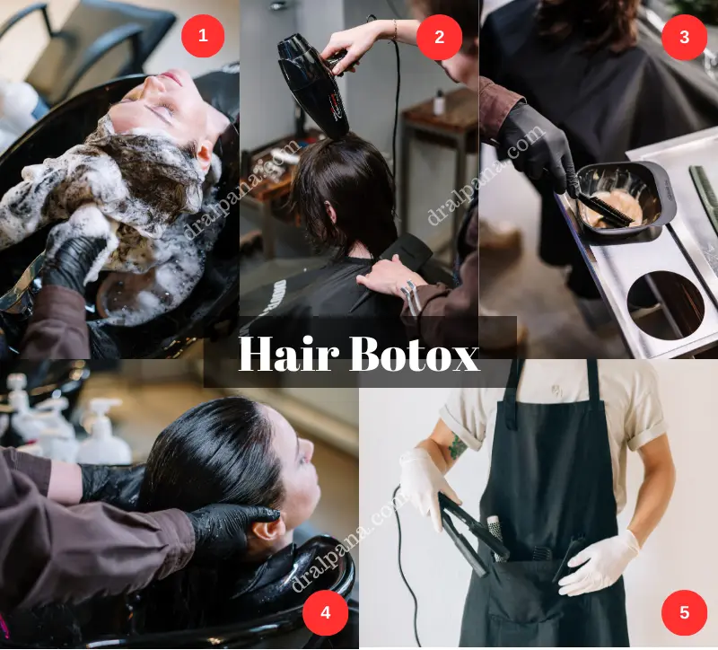 The image describes the step-by-step process, involved in hair botox, outlines in the written bullet points below.