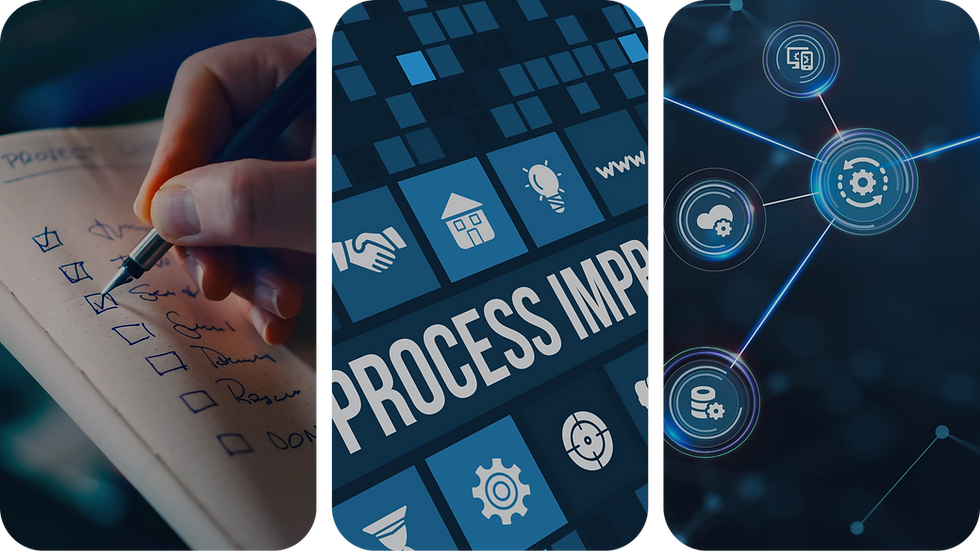 Hand writing a checklist, digital icons with "Process Improvement," and tech network graphics on a dark blue background.