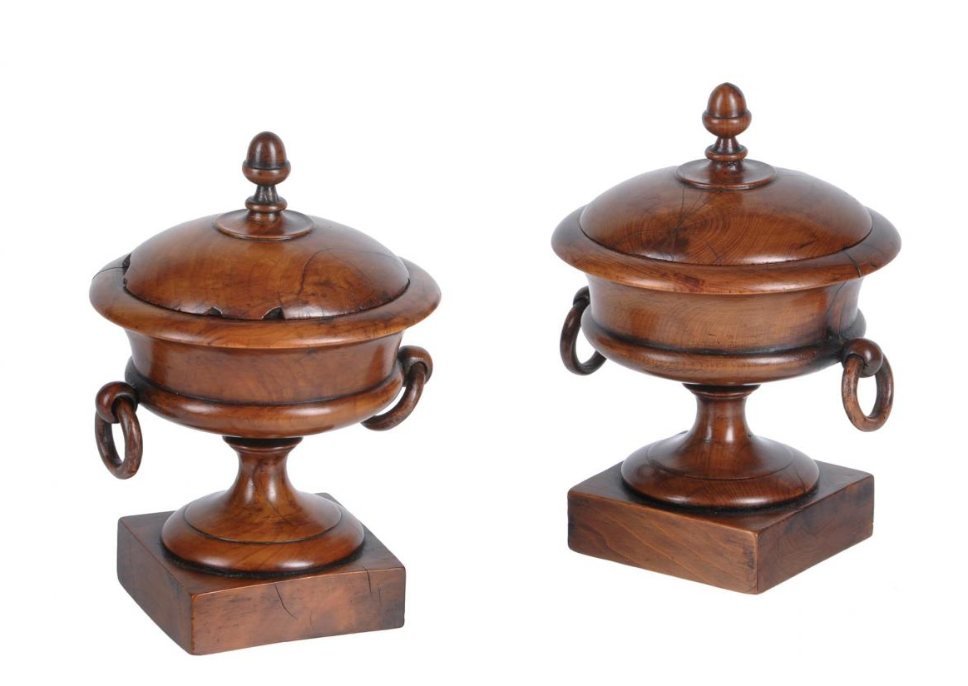 Pair George III yew wood turned urns