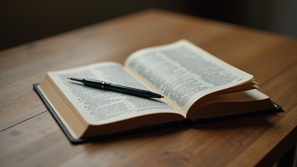 Close-up view of a Bible and a notebook on a wooden table