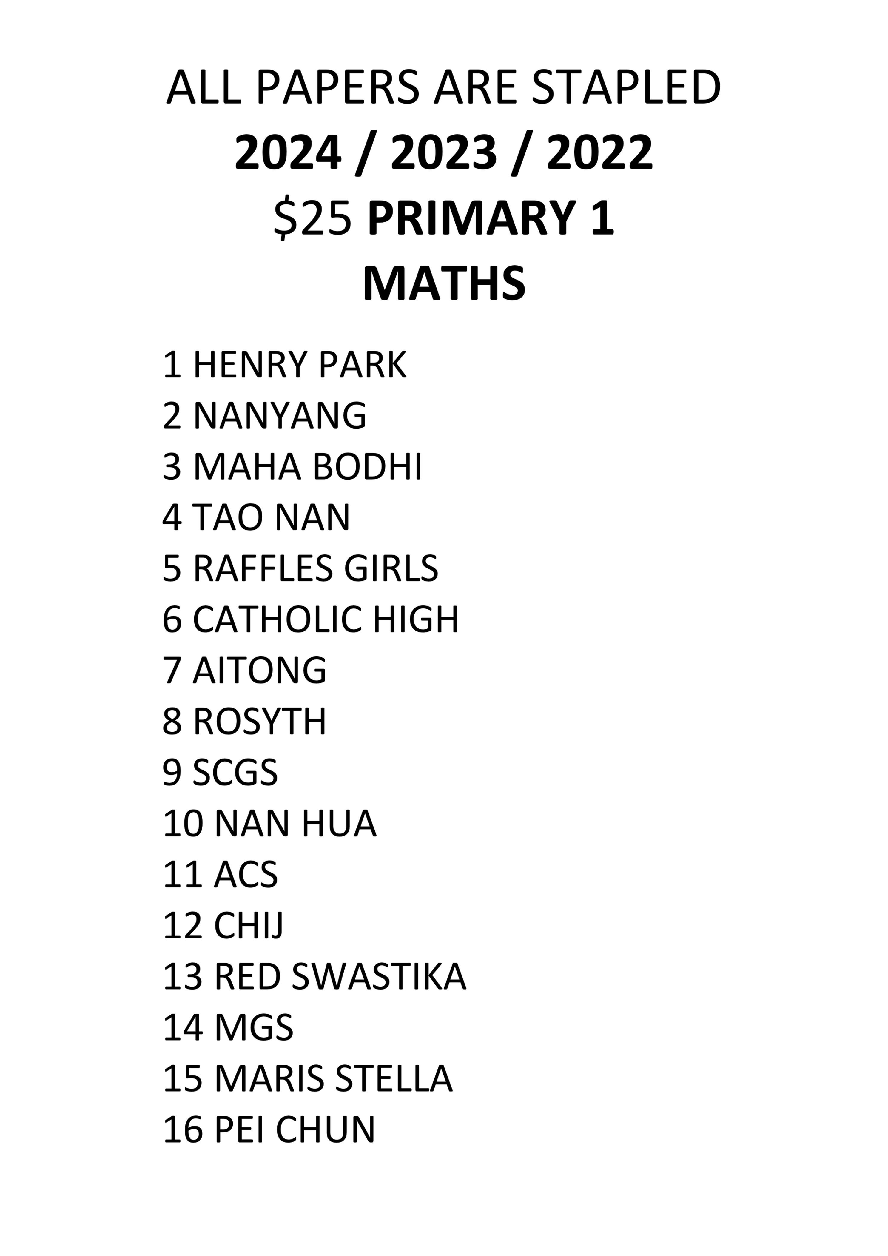 2025 - Primary 1 - Maths (Year 2024 papers)