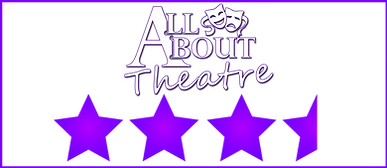 All About Theatre logo on black, with comedy and tragedy masks above white text and purple stars below.