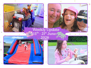 Collage of kids and a smiling adult: arcade ride, selfie, inflatable slide, and ice cream; text says Weekly Update 15th–21st June 2026