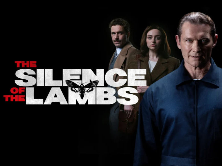 Poster for The Silence of the Lambs: three tense characters on black background, title in red and white with moth logo.