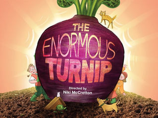 A giant turnip with the text "THE ENORMOUS TURNIP" in a garden setting. A cat, dog, and a person peeking out. Directed by Niki McCretton.