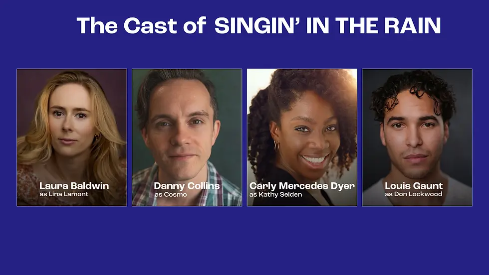 Four portraits of cast members for "Singin' in the Rain" on a blue background. Each actor's role is labeled below their photo.