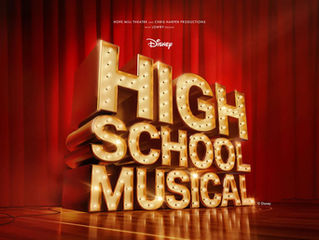 Disney High School Musical title in glowing marquee letters on a red theater curtain stage