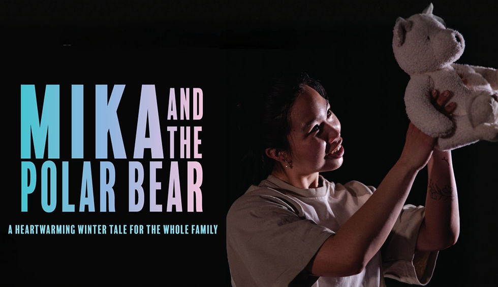 Person holding a plush polar bear, smiling, against a dark background. Text: "MIKA AND THE POLAR BEAR, a heartwarming winter tale for the whole family."