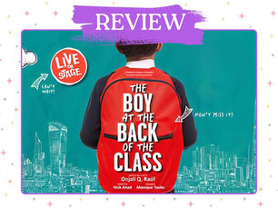 Boy with a red backpack facing away, text "The Boy at the Back of the Class," cityscape and clouds in the teal background, "Live on Stage."