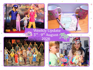 Collage of kids at Paw Patrol, theatre mugs and tickets, stage cast, and puppet crafts; Weekly Update 3rd-9th August 2026