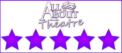 Five purple stars beneath "All About Theatre" text with comedy masks on a white background, bordered in purple.