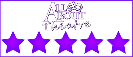 Purple text "All About Theatre" with theatrical masks above five purple stars on a white background, enclosed in a purple border.