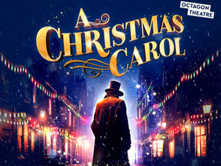 Octagon Theatre's A Christmas Carol - Victorian-dressed figure in a lit street with festive lights. A Christmas Carol title in gold, evokes a nostalgic, magical atmosphere. - Octagon Theatre