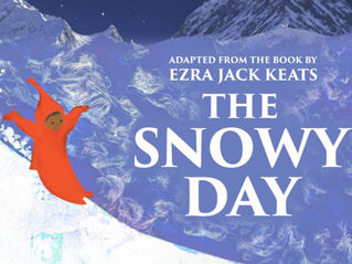 Child in red snowsuit slides down snowy hill. Blue background with swirling patterns. Text reads "The Snowy Day" by Ezra Jack Keats.