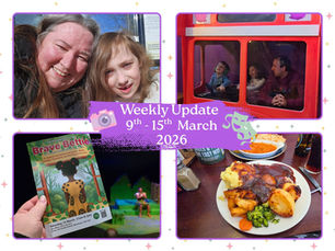 Collage with cheerful faces, a theater flyer for "Brave Bettie," a red bus scene, and a plate of roast dinner. Text: Weekly Update 9th-15th March 2026.