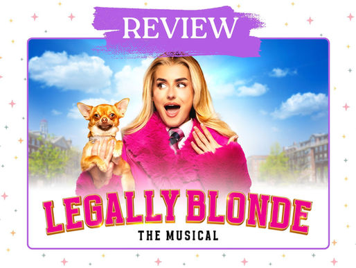 Blonde woman in pink fur coat holding a small dog, looks surprised with "Amber Davies as Elle Woods" and "Legally Blonde The Musical" text.