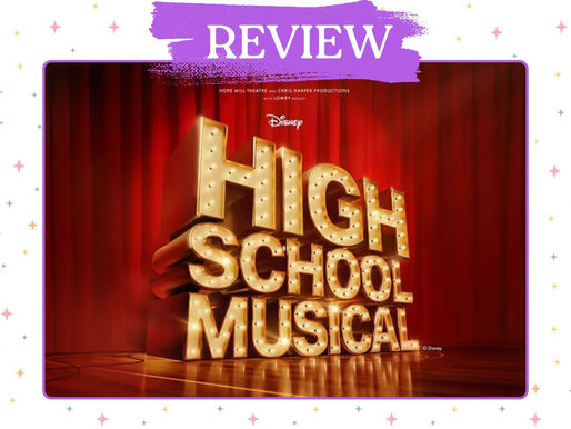 Disney High School Musical stage artwork featuring the illuminated show logo against red theatre curtains.