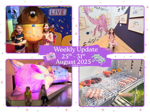 Children with plush toy, child with dinosaur art, kids by purple statue, and BBQ grilling food. Text: Weekly Update 25th-31st August 2025.