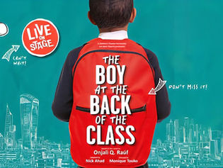 Boy with red backpack, text reading "The Boy at the Back of the Class" on it. Turquoise background with cloud and city skyline drawings.