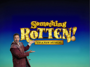 Person in a medieval costume excitedly presents "Something Rotten!" musical title in bright lights against a blue gradient background.