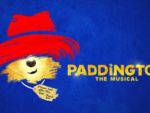 Illustration of a bear face with a red hat on a blue background, text reads "Paddington The Musical" and "Please look after this bear. Thank you."