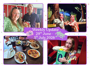 Collage for a Family Weekly Update covering 29th June to 5th July 2026, featuring Sarah Monaghan at the Disney's High School Musical launch, Alice and Leo at The Gruffalo stage set, a family meal out, and Alice enjoying popcorn at the cinema.