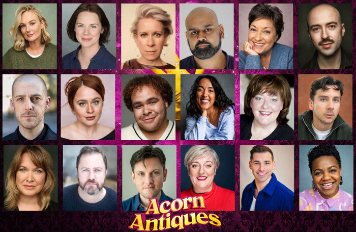 Collage of 20 diverse headshots on a patterned background with Acorn Antiques text. Each person shows varied expressions and styles.