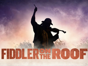 Fiddler on the Roof - Silhouette of a fiddler playing against a misty purple sky. Tall grass in foreground. Text "FIDDLER ON THE ROOF" in bold at bottom.