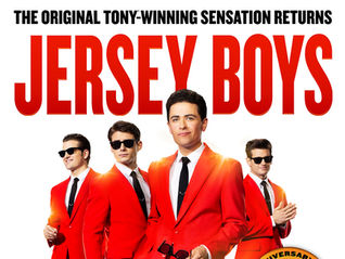 Four men in red suits and sunglasses stand confidently. "Jersey Boys" text is bold, with "20th Anniversary Tour" badge. Bright, energetic vibe.