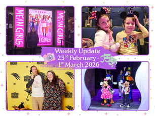 Collage: Mean Girls poster with woman, two kids in Disney hats, couple posing, Disney characters on stage. Text: "Weekly Update 23 Feb - 1 Mar 2026".