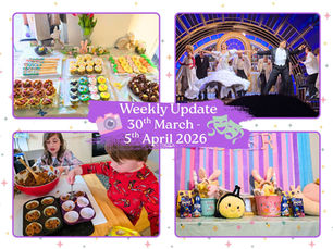 Collage of Easter treats, kids baking, a theater performance, and a pastel Easter display. Text: "Weekly Update 30th March - 5th April 2026."