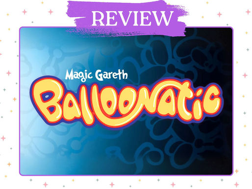Title screen with bright yellow Balloonatic logo and smaller Magic Gareth text on blue gradient background.