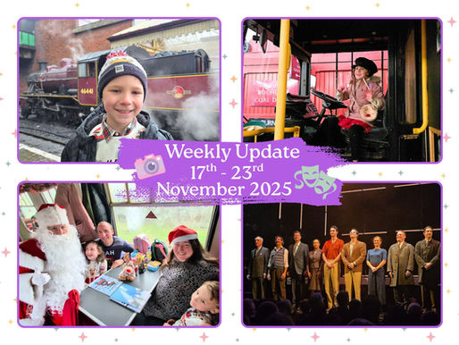 Child smiling by steam train, girl posing in bus, family with Santa on train, and a theater cast taking a bow. Text: Weekly Update, 17th-23rd November 2025.