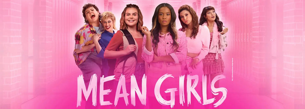 Mean Girls The Musical - Six women in pink outfits pose confidently in front of pink lockers. Bold text reads "Mean Girls" at the bottom, creating a vibrant mood.
