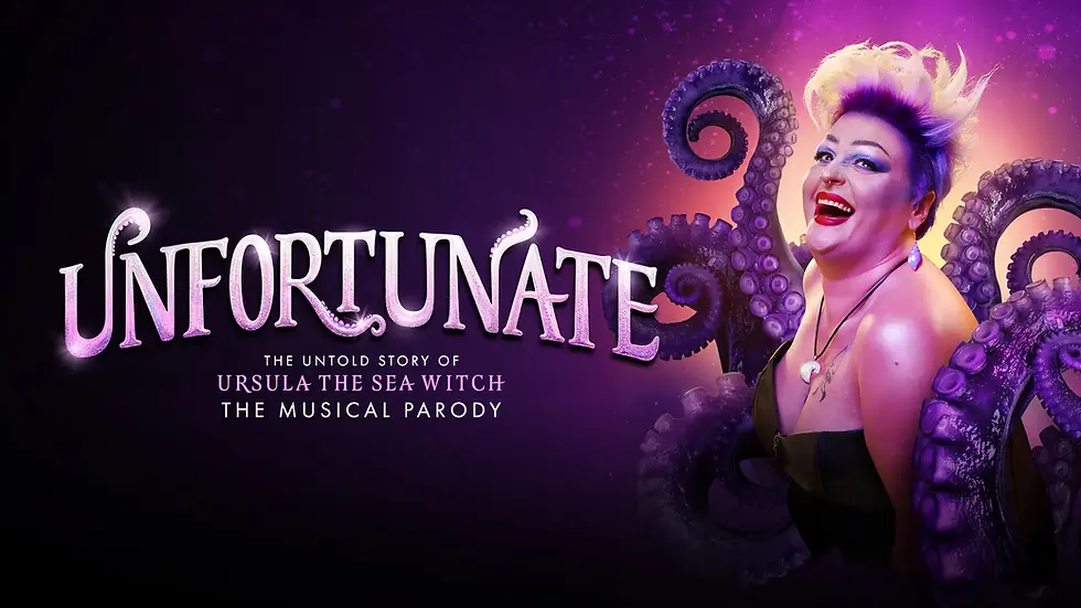 Smiling woman with purple tentacles and blonde hair against a purple-orange backdrop. Text: Unfortunate, The Untold Story of Ursula.