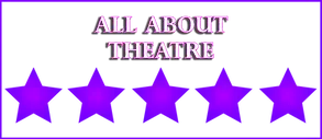 "All About Theatre" text in bold white with a pink outline on a bright purple gradient background with star shapes.