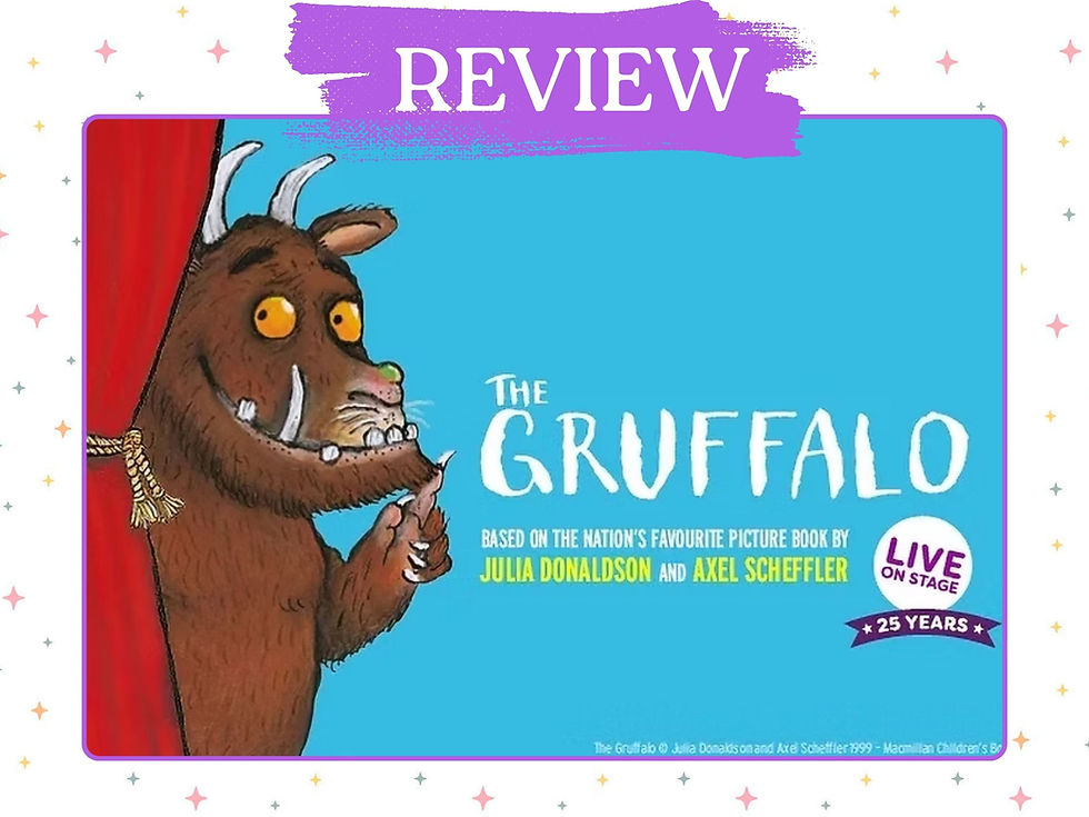 Review graphic for The Gruffalo live stage show featuring the Gruffalo peeking through a theatre curtain alongside the show's logo and 25th anniversary branding.