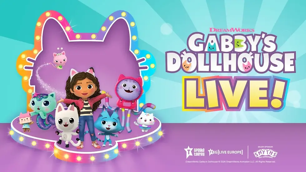 Girl with cat ears and colorful cartoon kittens on stage. "Gabby's Dollhouse LIVE!" text in bold colors. Bright, playful mood.