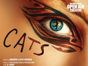 Cats musical -  Close-up of eye with dramatic cat-themed makeup and vivid blue iris; "CATS" text in bold black letters, warm orange background.