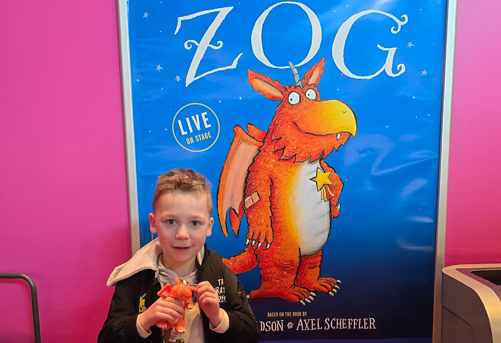 A child holds a Zog toy in front of a colorful Zog poster on a pink wall, featuring the text "Zog" and "Live on Stage" in blue.