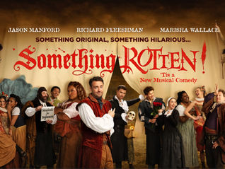 Promotional poster for Something Rotten! with a large cast in costume, bold red title, and text about a new musical comedy.
