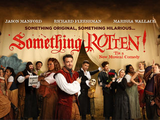 Promotional poster for Something Rotten! with a large cast in costume, bold red title, and text about a new musical comedy.