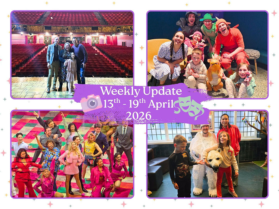 Family on stage in a theater, group in costumes posing, "Weekly Update 13th-19th April 2026" overlay, vibrant colors and joyful mood.