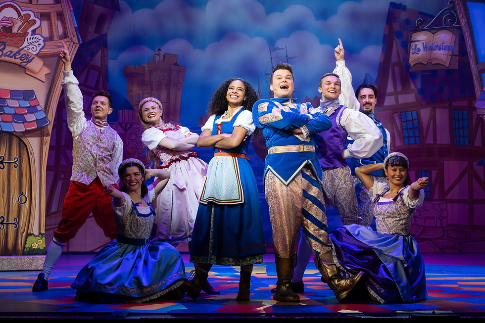 Bessy Ewa (Belle), Max Fulham (Phillipe Fillop) and the ensemble in Beauty and the Beast. Photo by Sam Taylor.