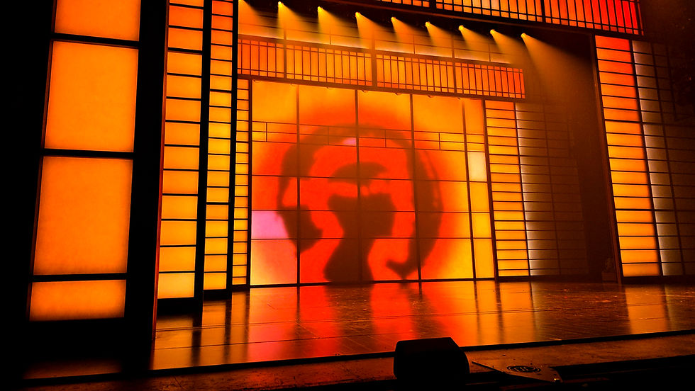 Orange-lit stage with shadow of a person wearing a hat. Geometric patterns on the walls, dramatic lighting, vibrant and theatrical mood.