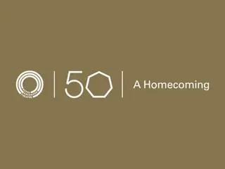 Brown background with white text and symbols. "50 A Homecoming" with circle and pentagon shapes, suggesting an anniversary theme.
