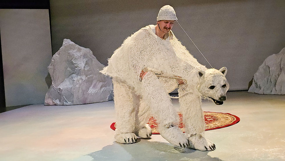 Person in a polar bear costume on stage with rocky backdrop. Costume is white and textured, evoking an icy, playful mood.