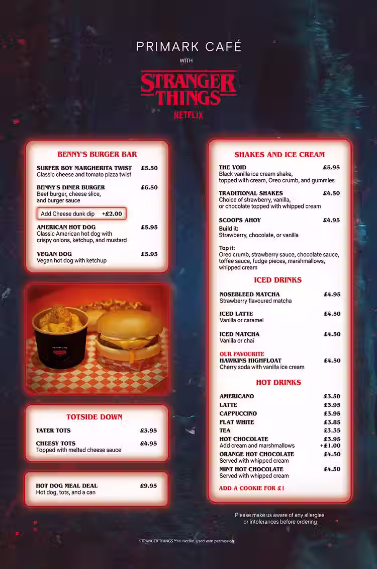 Primark Stranger Things Cafe menu - listing food and prices